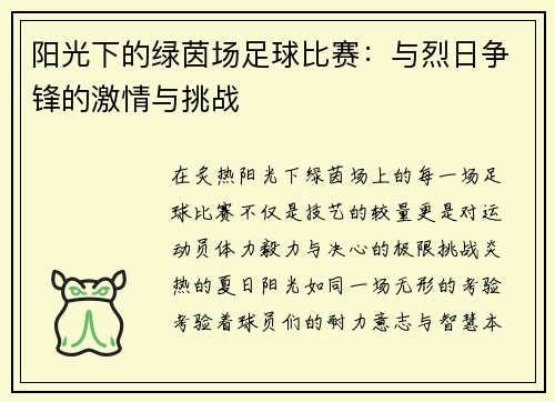 阳光下的绿茵场足球比赛：与烈日争锋的激情与挑战